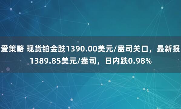 爱策略 现货铂金跌1390.00美元/盎司关口，最新报1389.85美元/盎司，日内跌0.98%